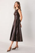 Dark Brown Faux Leather Midi Dress with Belt