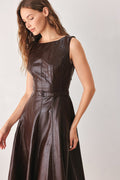 Dark Brown Faux Leather Midi Dress with Belt