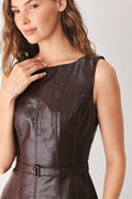 Dark Brown Faux Leather Midi Dress with Belt