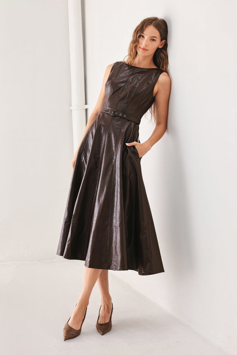 Dark Brown Faux Leather Midi Dress with Belt