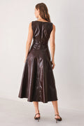 Dark Brown Faux Leather Midi Dress with Belt