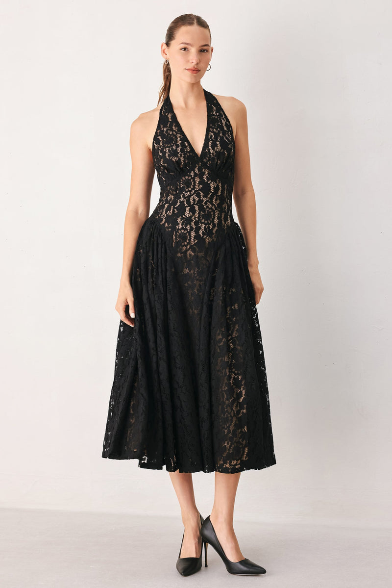Women's Black Lace Halter Midi Dress
