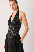 Women's Black Lace Halter Midi Dress