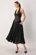 Women's Black Lace Halter Midi Dress