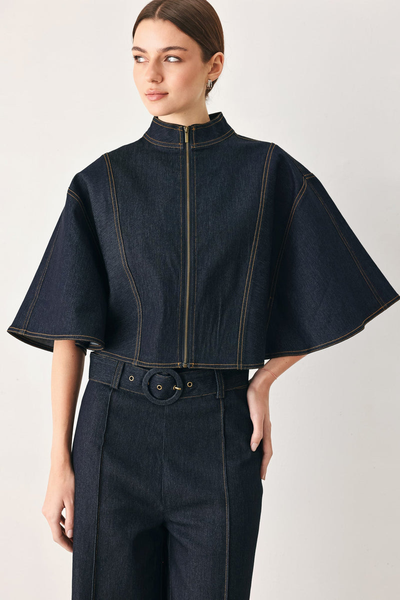 Zip Front Denim Cape Top