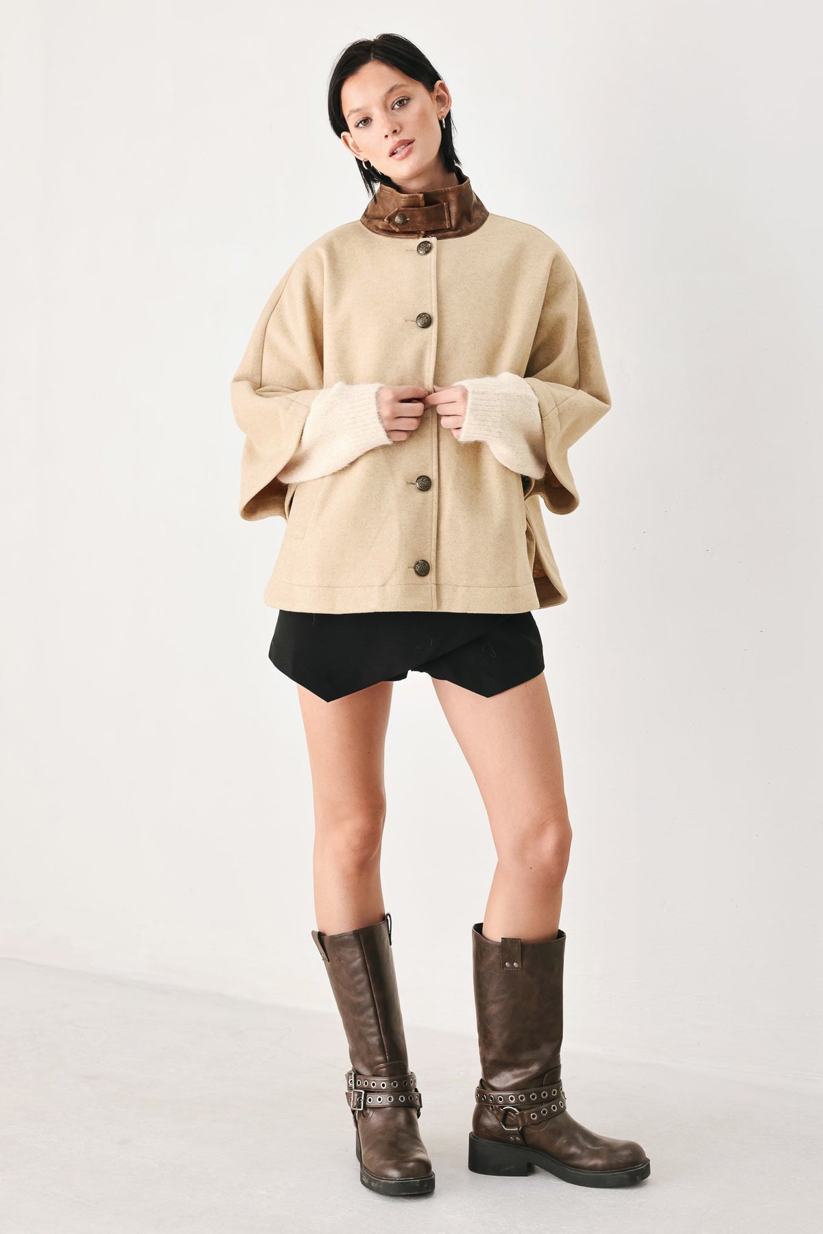 Women’s Taupe Capelet Jacket with Buckle Collar