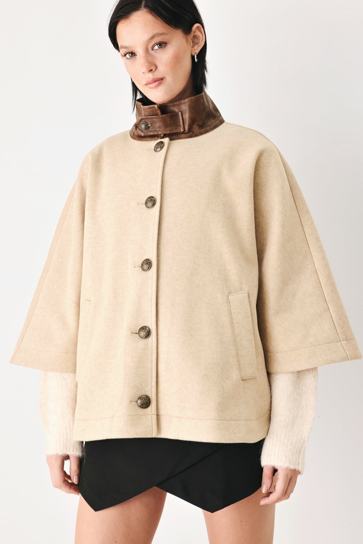 Women’s Taupe Capelet Jacket with Buckle Collar
