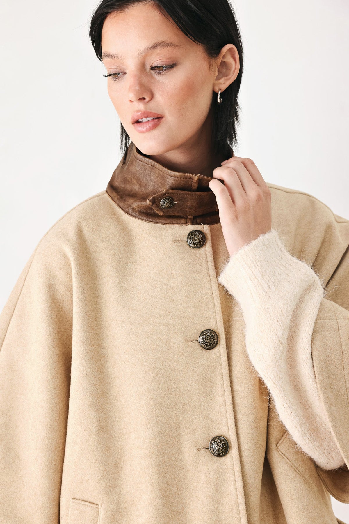 Women’s Taupe Capelet Jacket with Buckle Collar