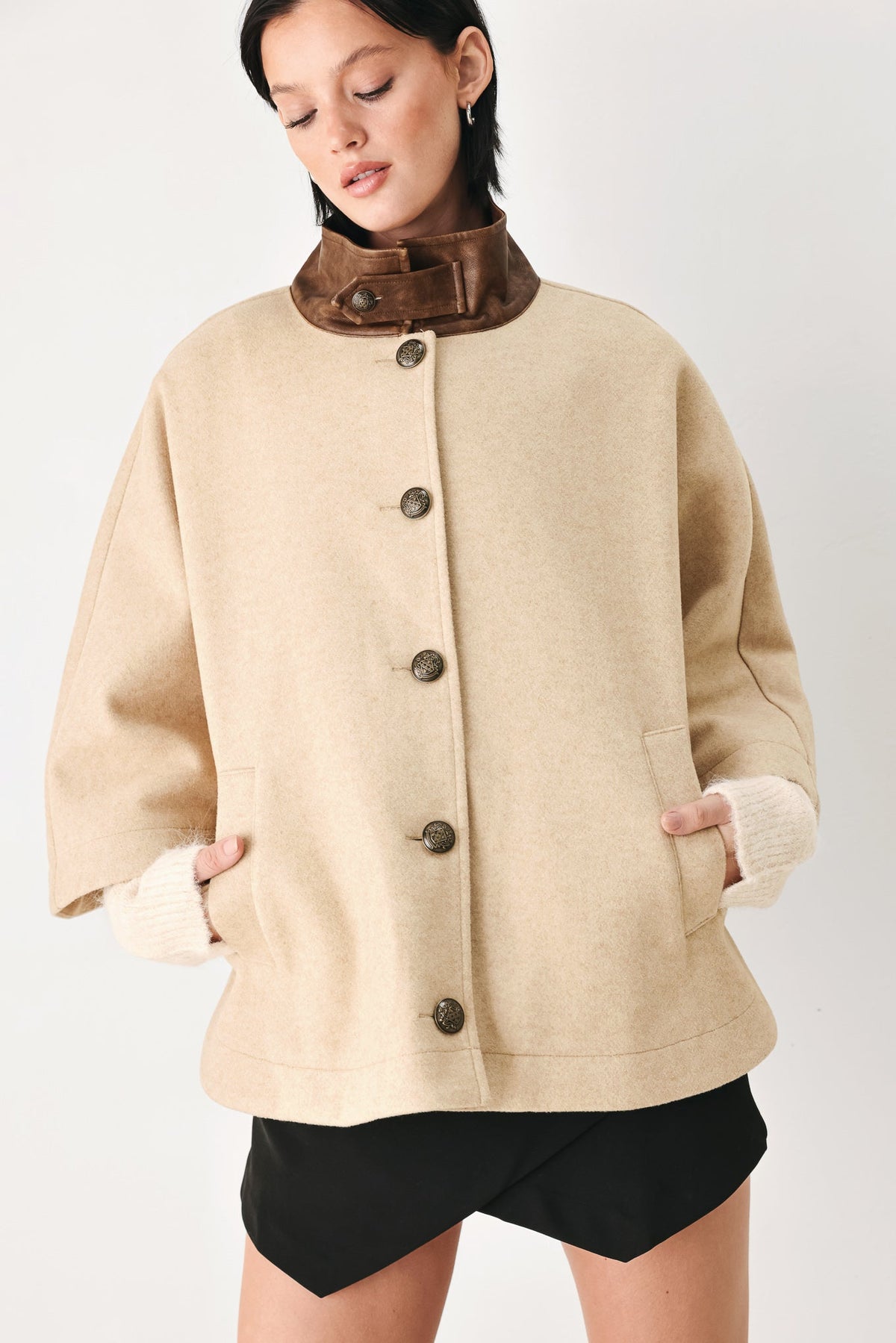 Women’s Taupe Capelet Jacket with Buckle Collar