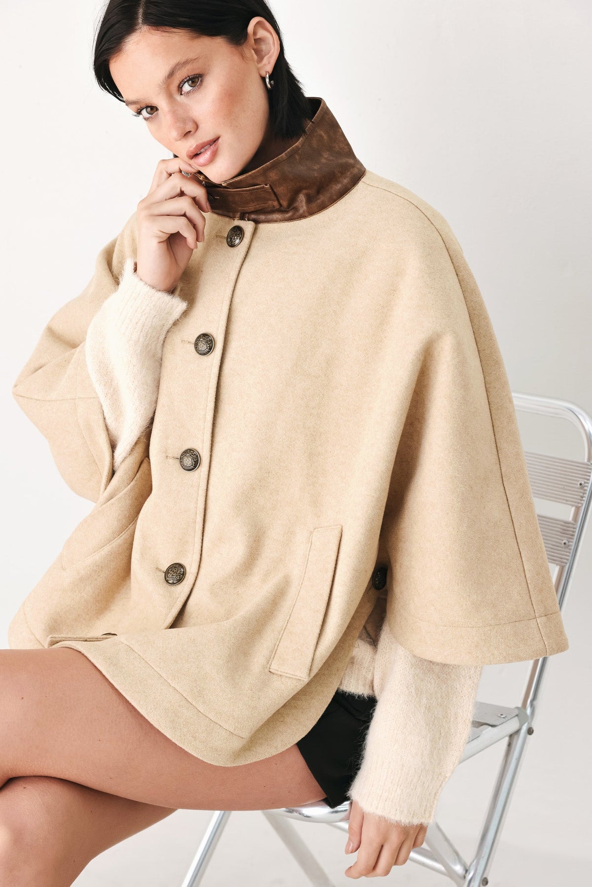 Women’s Taupe Capelet Jacket with Buckle Collar