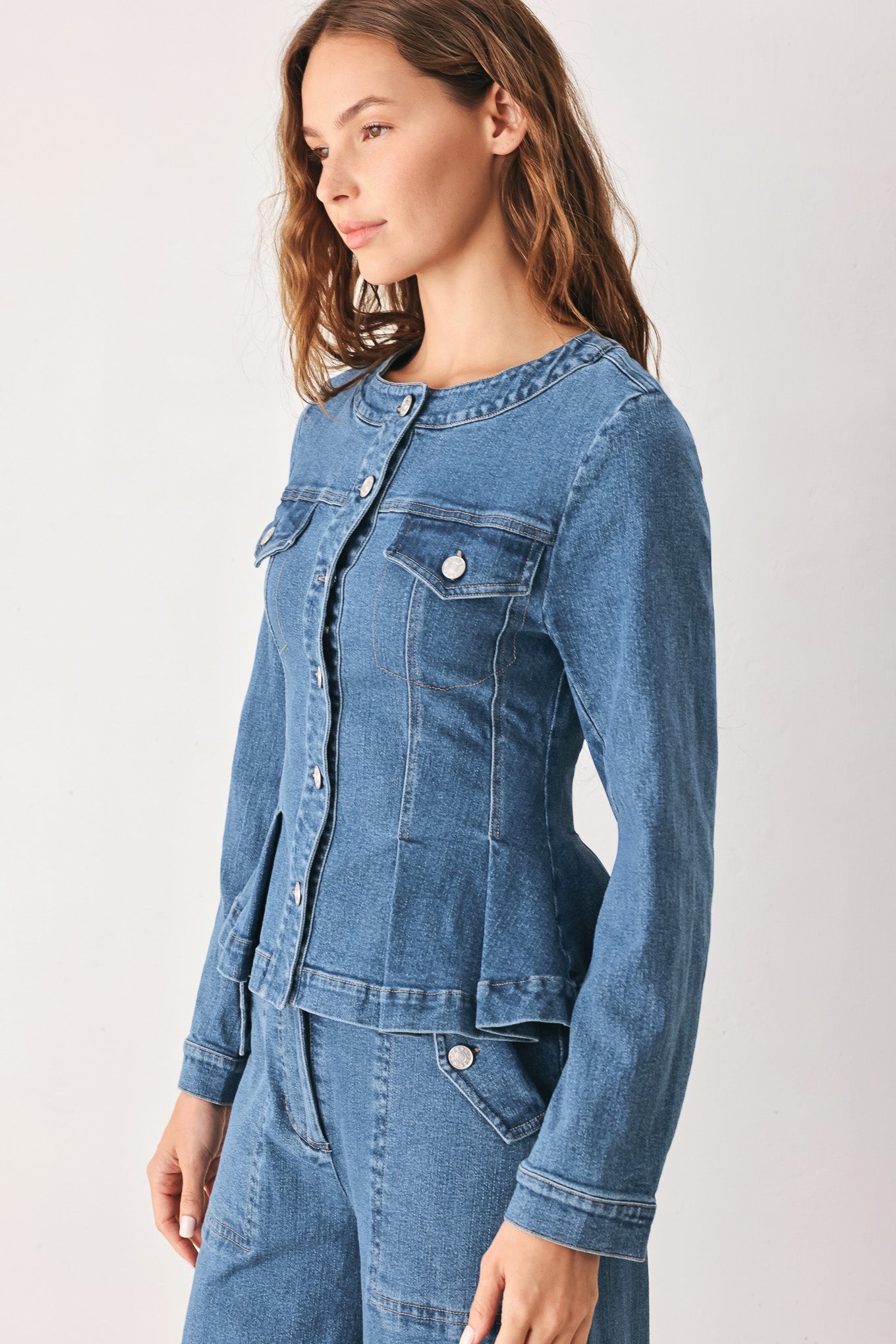 Women's Medium Wash Peplum Denim Jacket