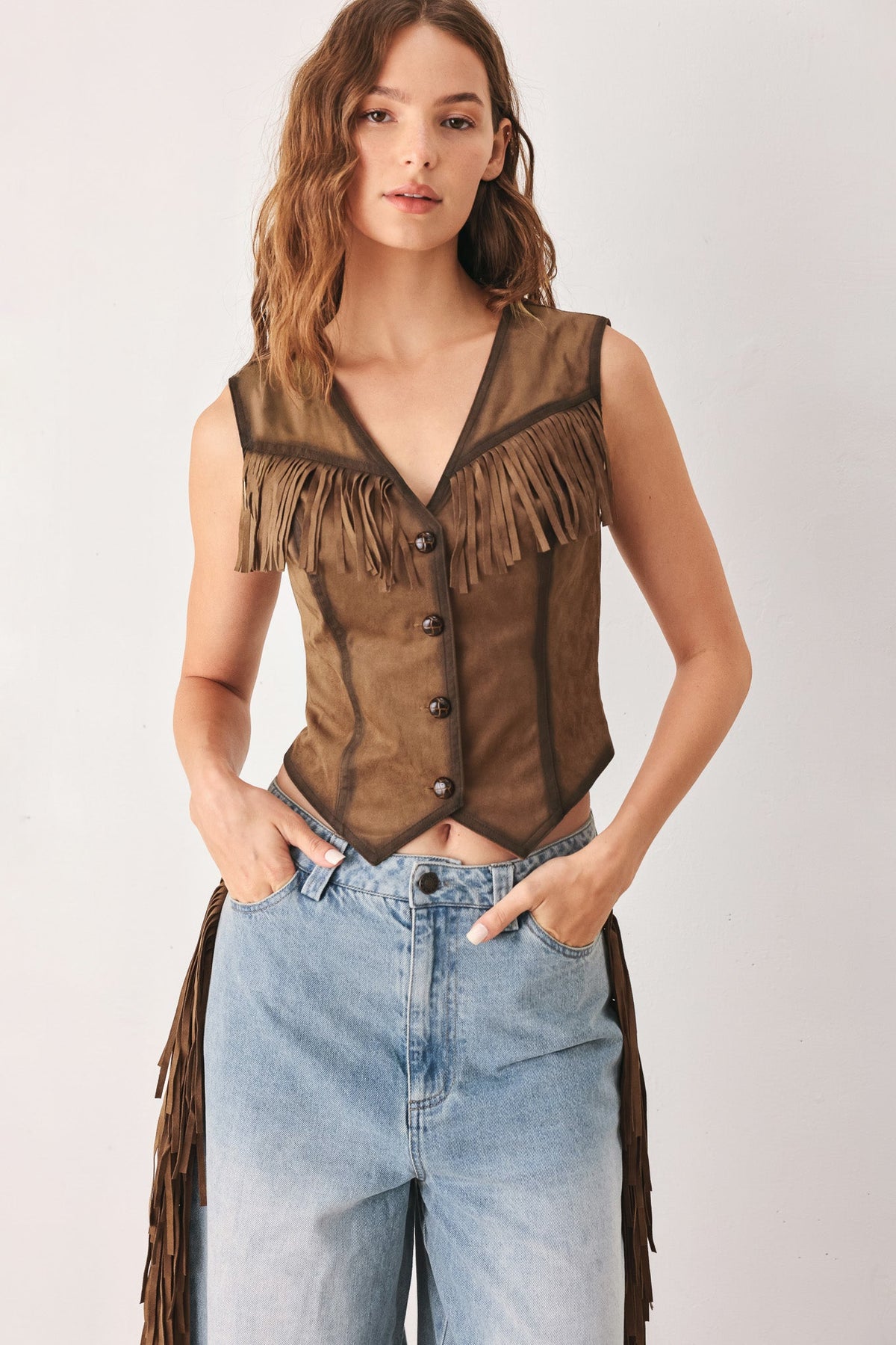 Brown Faux Suede Fringe Vest