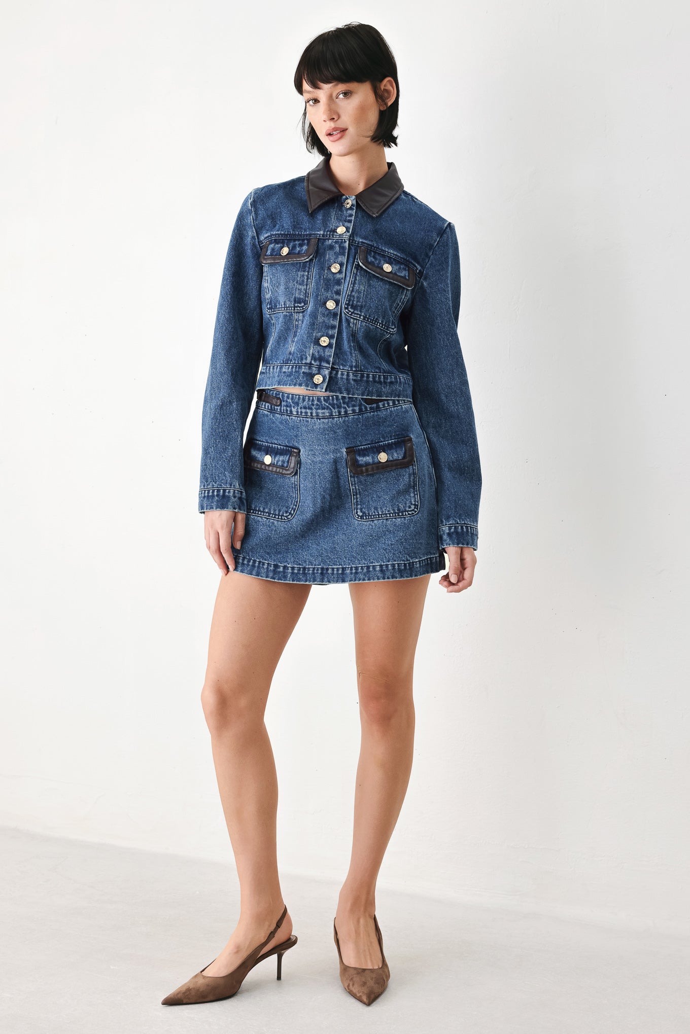 Women's Cropped Denim Jacket with Faux Leather Trim