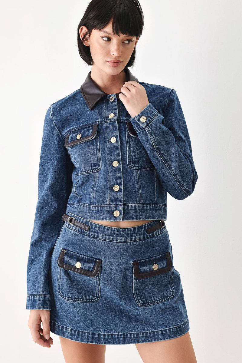 Women's Cropped Denim Jacket with Faux Leather Trim