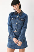 Women's Cropped Denim Jacket with Faux Leather Trim