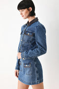Women's Cropped Denim Jacket with Faux Leather Trim
