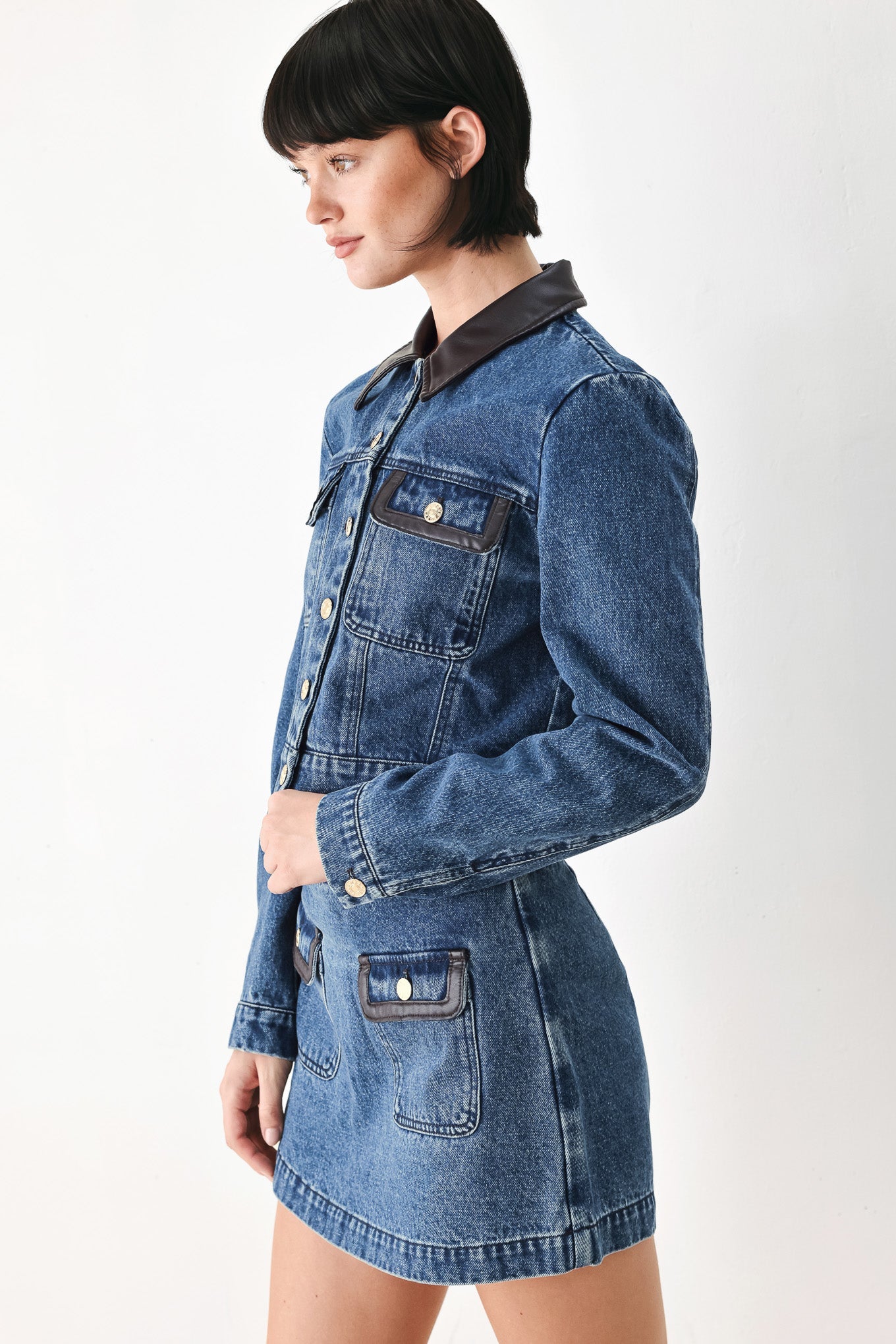 Women's Cropped Denim Jacket with Faux Leather Trim