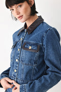 Women's Cropped Denim Jacket with Faux Leather Trim