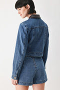 Women's Cropped Denim Jacket with Faux Leather Trim