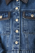 Women's Cropped Denim Jacket with Faux Leather Trim