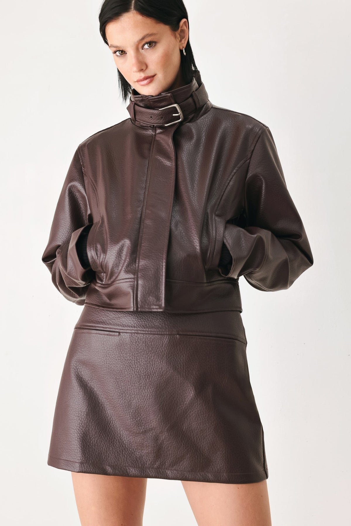Women’s Brown Faux Leather Cropped Jacket