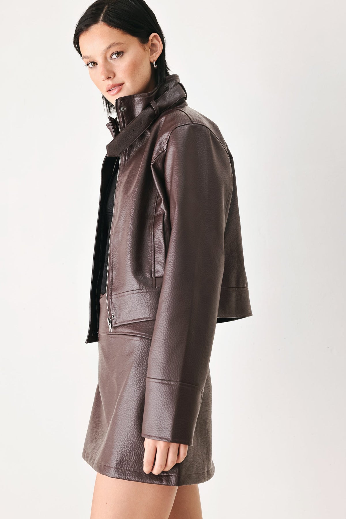 Women’s Brown Faux Leather Cropped Jacket