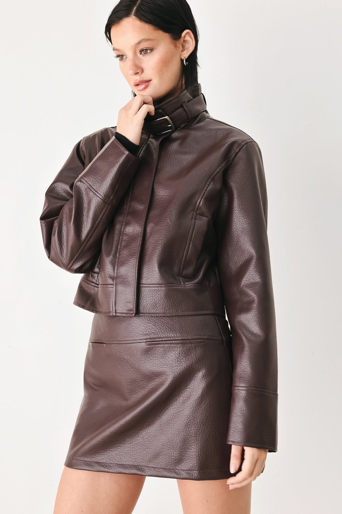 Women’s Brown Faux Leather Cropped Jacket