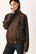 Brown Faux Leather Bomber Jacket