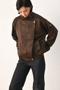 Brown Faux Leather Bomber Jacket
