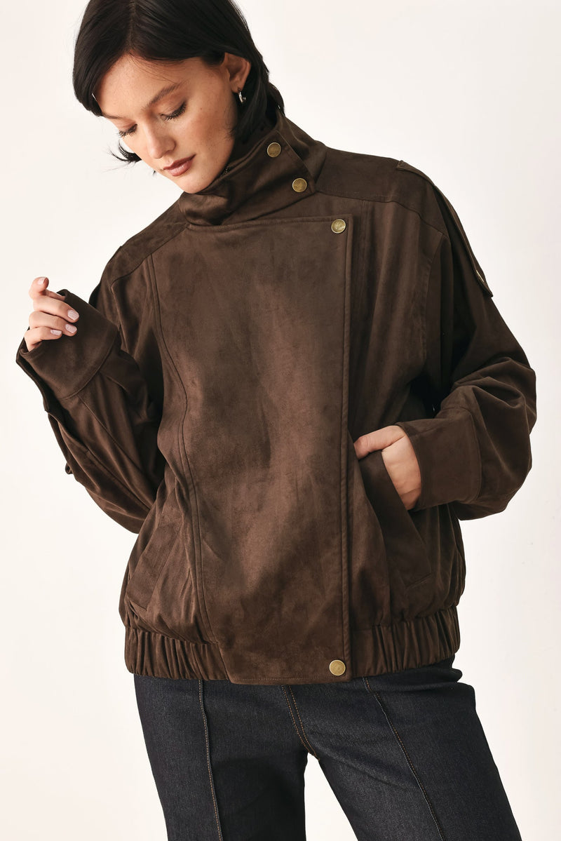 Brown Faux Leather Bomber Jacket
