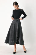 Women's Black A-Line Denim Midi Skirt with Belt