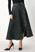 Women's Black A-Line Denim Midi Skirt with Belt