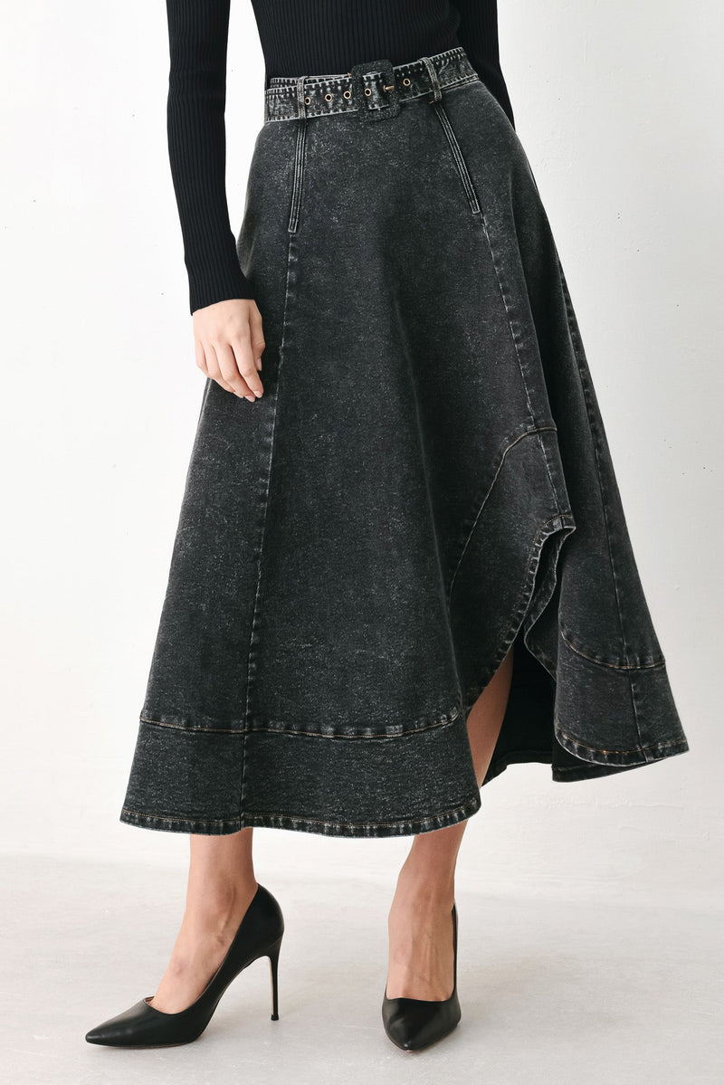 Women's Black A-Line Denim Midi Skirt with Belt