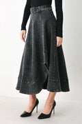 Women's Black A-Line Denim Midi Skirt with Belt