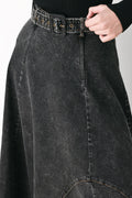 Women's Black A-Line Denim Midi Skirt with Belt