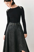 Women's Black A-Line Denim Midi Skirt with Belt