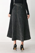 Women's Black A-Line Denim Midi Skirt with Belt