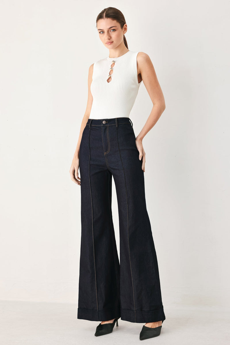 Contrast Stitch Dark Denim Flare Jeans