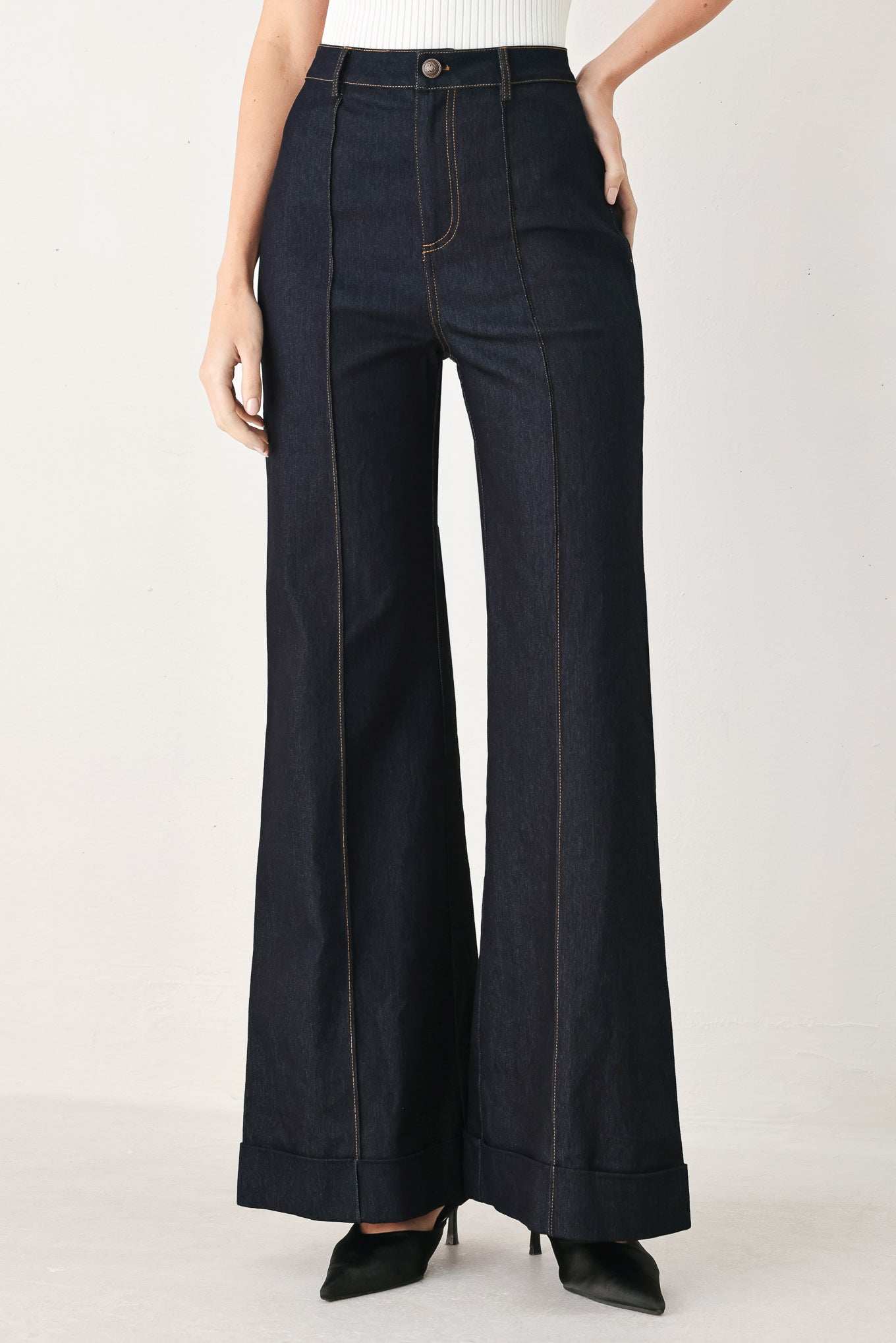 Contrast Stitch Dark Denim Flare Jeans