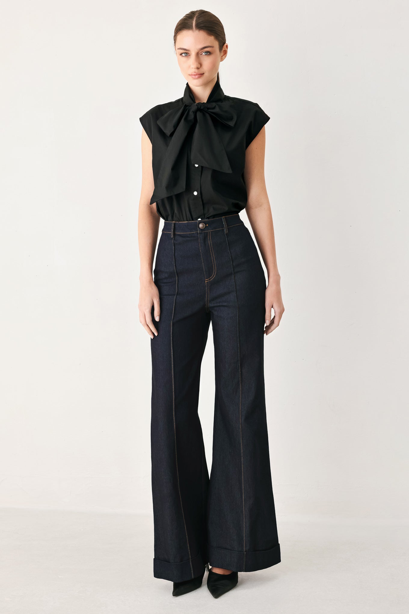 Contrast Stitch Dark Denim Flare Jeans