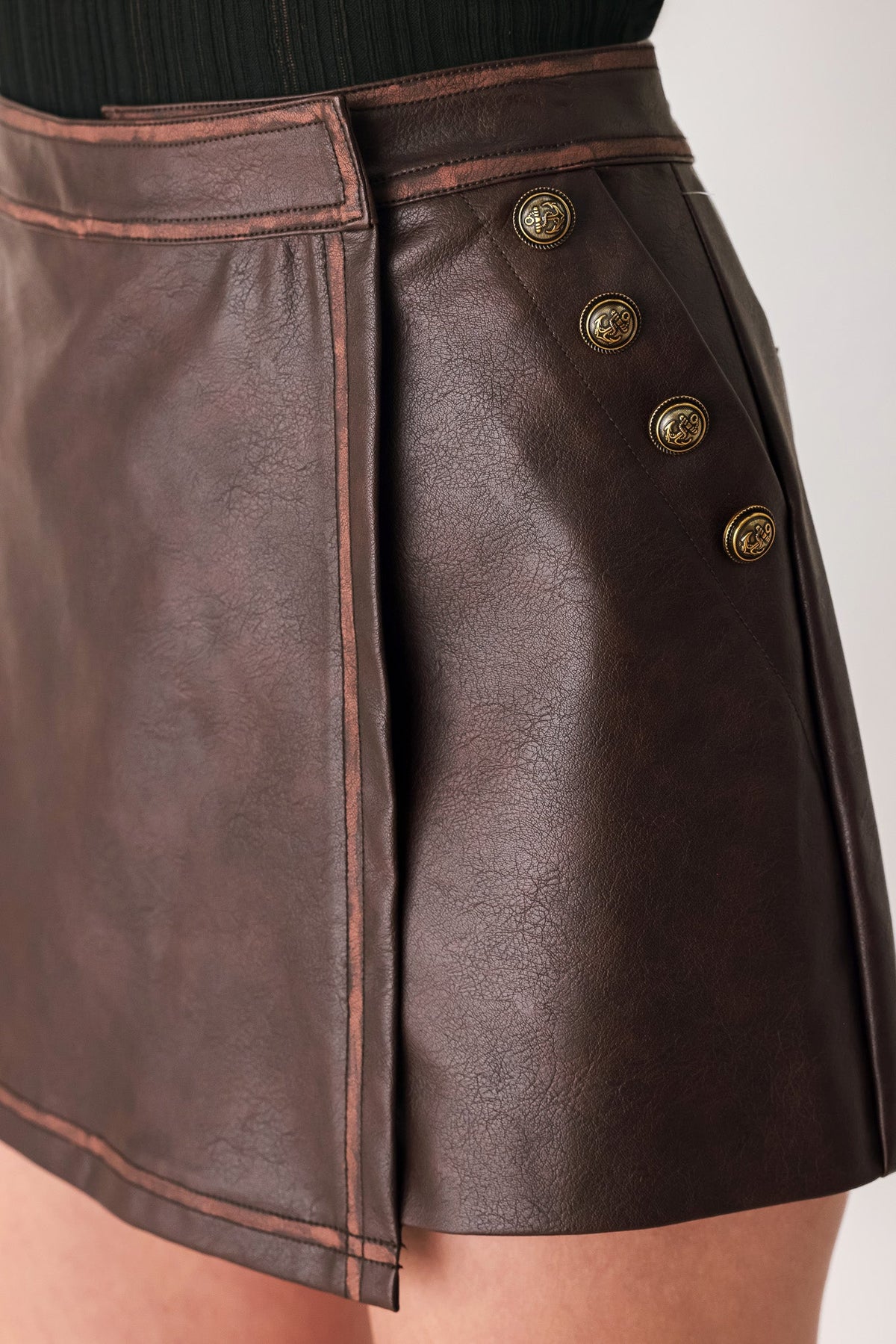 Brown Faux Leather Wrap Mini Skirt