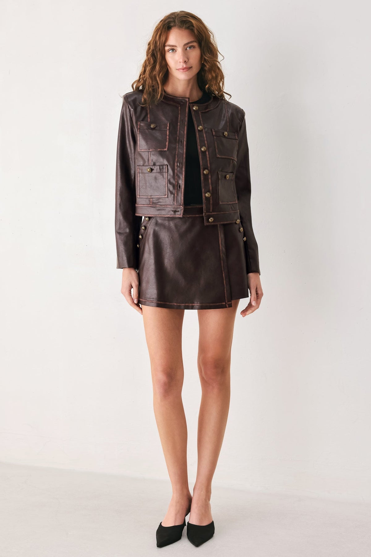 Brown Faux Leather Wrap Mini Skirt