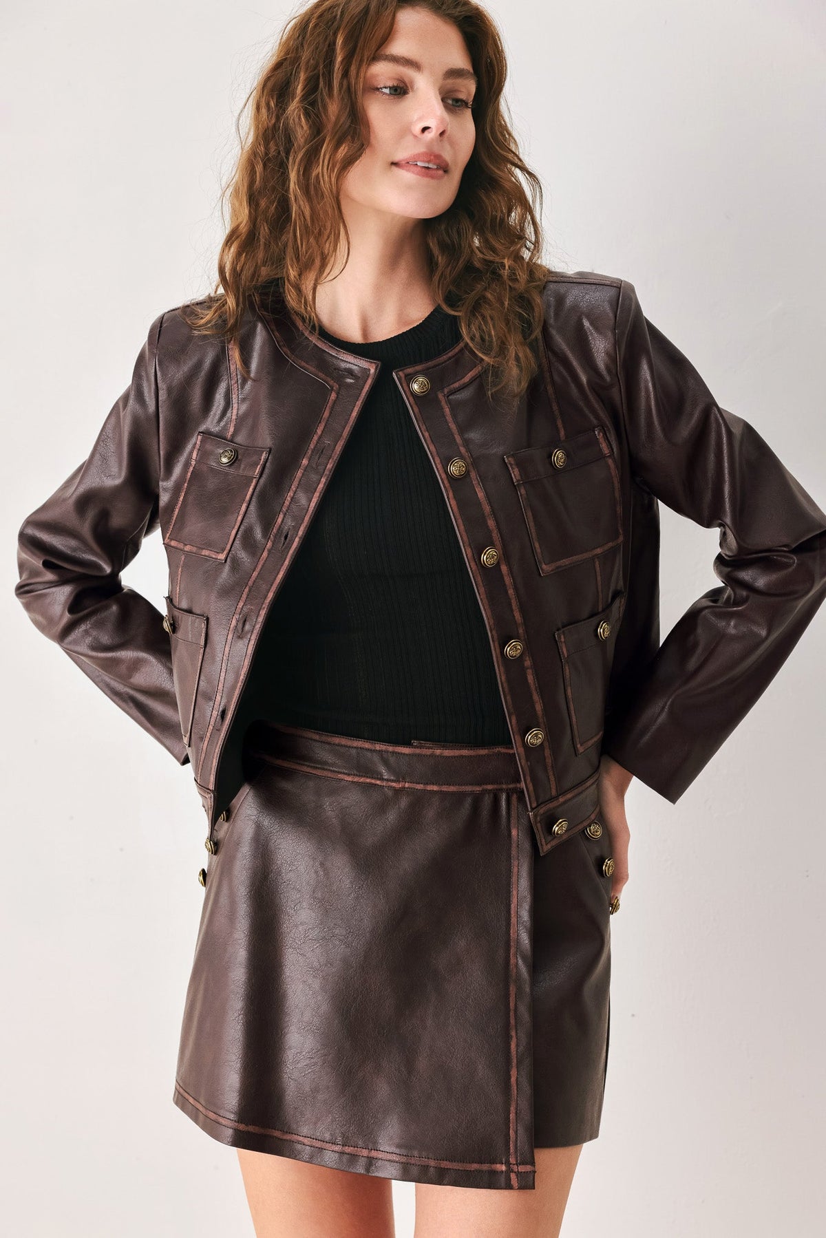 Brown Faux Leather Wrap Mini Skirt