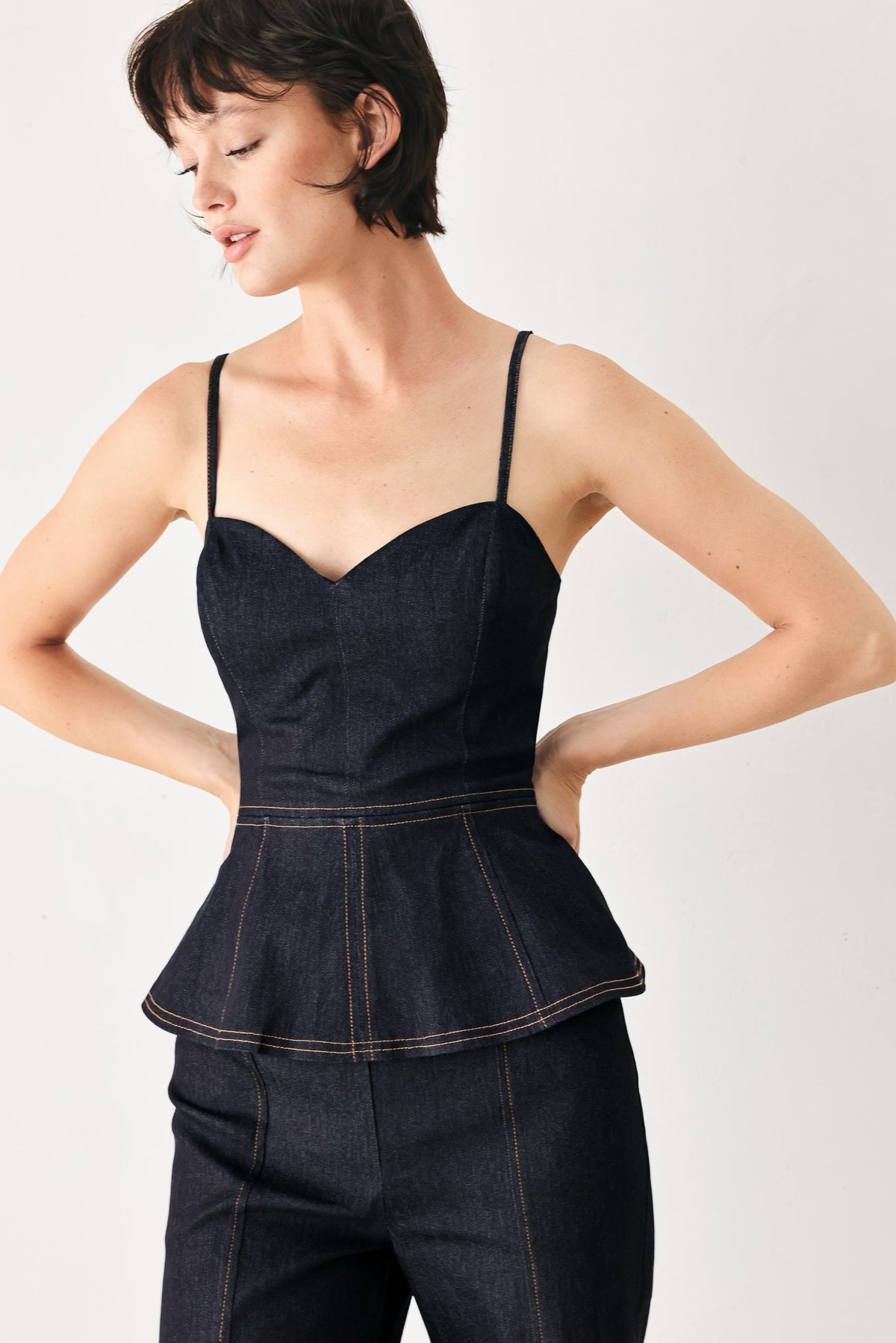 Dark Wash Denim Wide Leg Jumpsuit