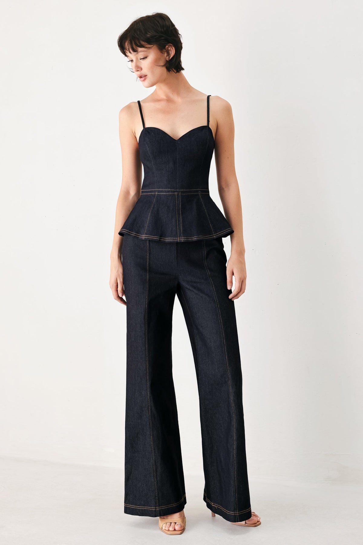 Dark Wash Denim Wide Leg Jumpsuit
