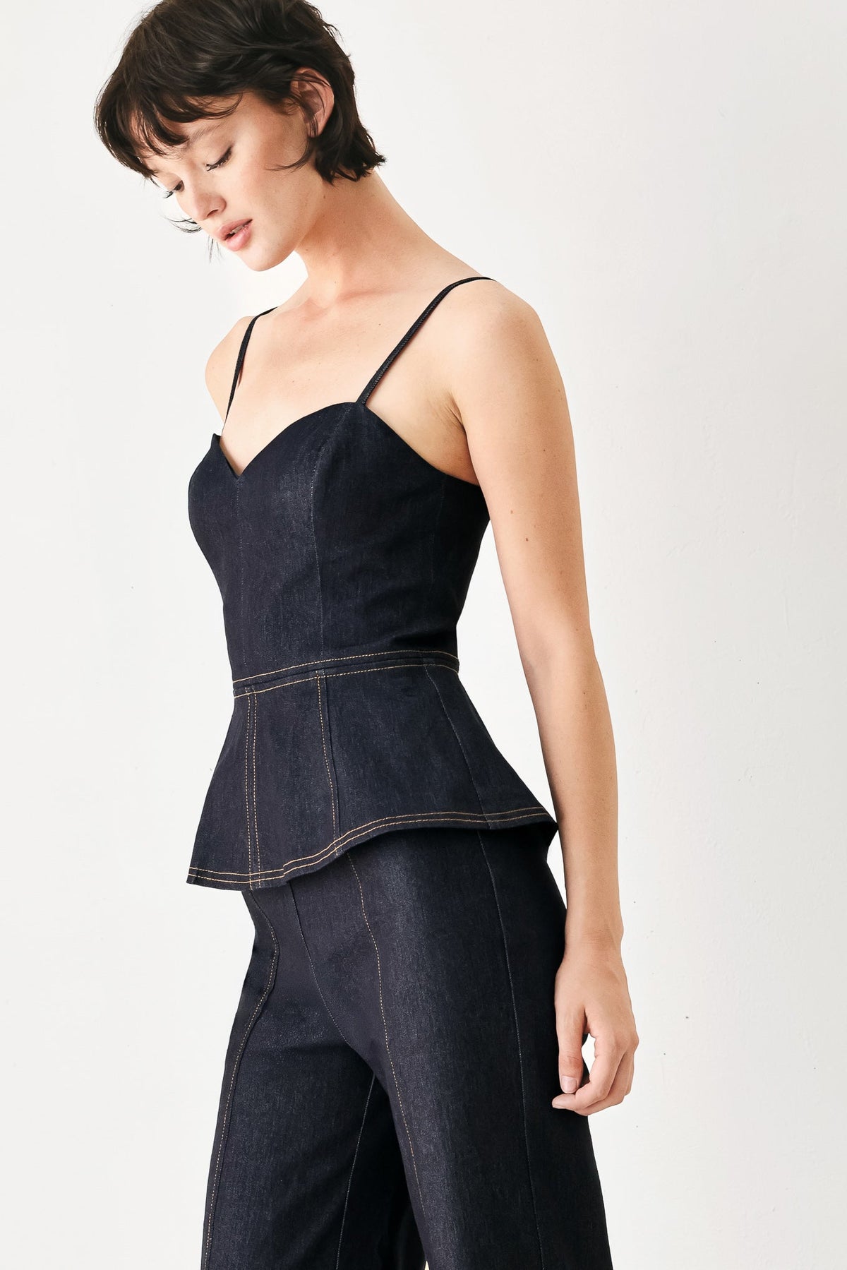 Dark Wash Denim Wide Leg Jumpsuit