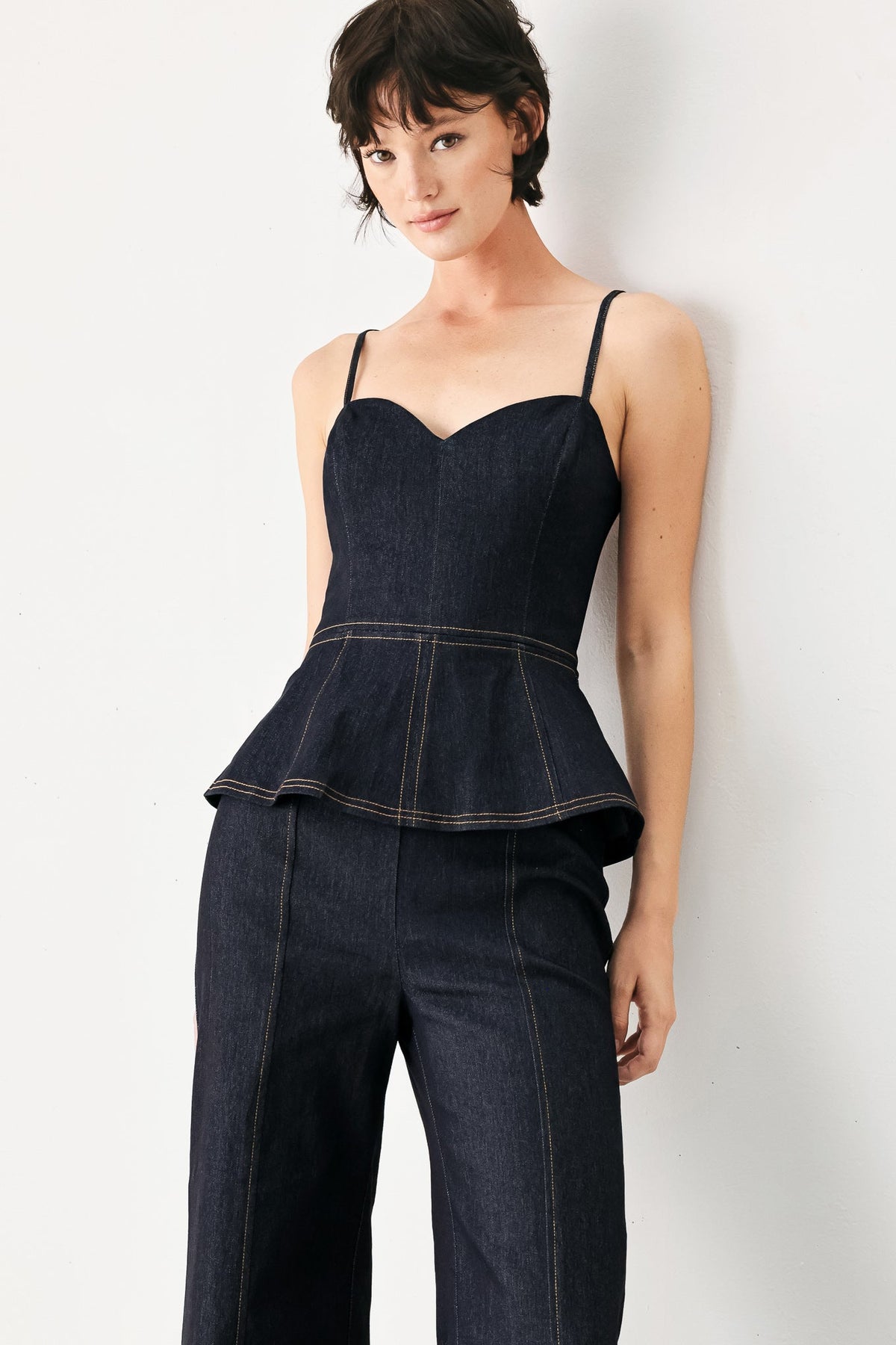 Dark Wash Denim Wide Leg Jumpsuit