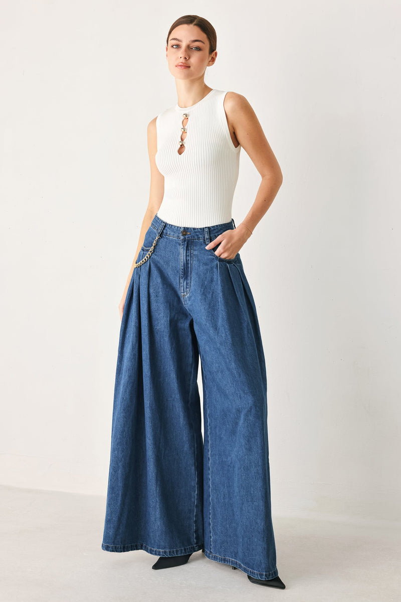 Statement Medium Indigo Wide Leg Denim Pants