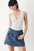Women's High-Waist Denim Skort with Faux Leather Trim