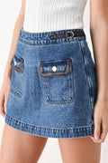 Women's High-Waist Denim Skort with Faux Leather Trim